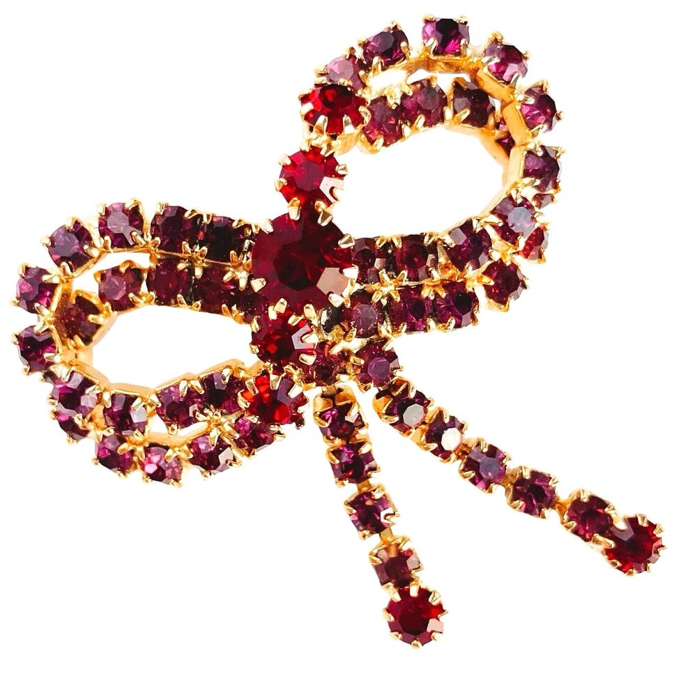 VTG 1960s Brooch Red Glass Rhinestone Bow Mid Century Gold Tone Pin Sparkly